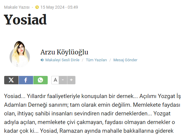 Arzu Köylüoğlu'nun YOSİAD Hakkında Köşe Yazısı